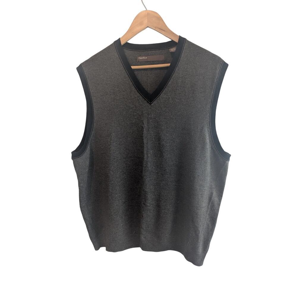 Vintage Perry Ellis Sweater Vest Mens XL Gray Wool 90s Preppy Neutral Pullover